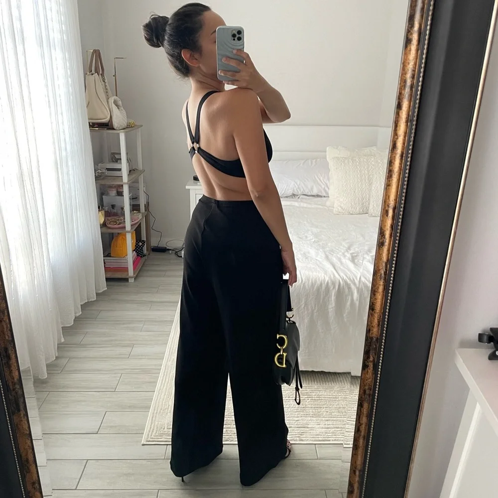 Asymmetrical Open Back Black Jumpsuit - Picture 3 of 5
